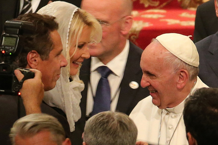 Pope Francis greets New York Gov. Andrew Cuomo and Sandra Lee as he leaves St. Patrick's Cathedral in New York, Thursday, Sept. 24, 2015. (Chad Rachman/New York Post, Pool)